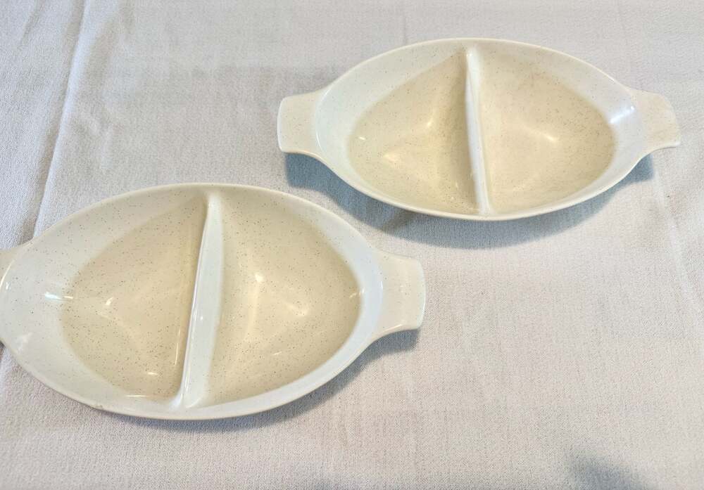 Set of 2 Vintage Boonton Melamine Divided Serving Dishes, Speckled Bowls
